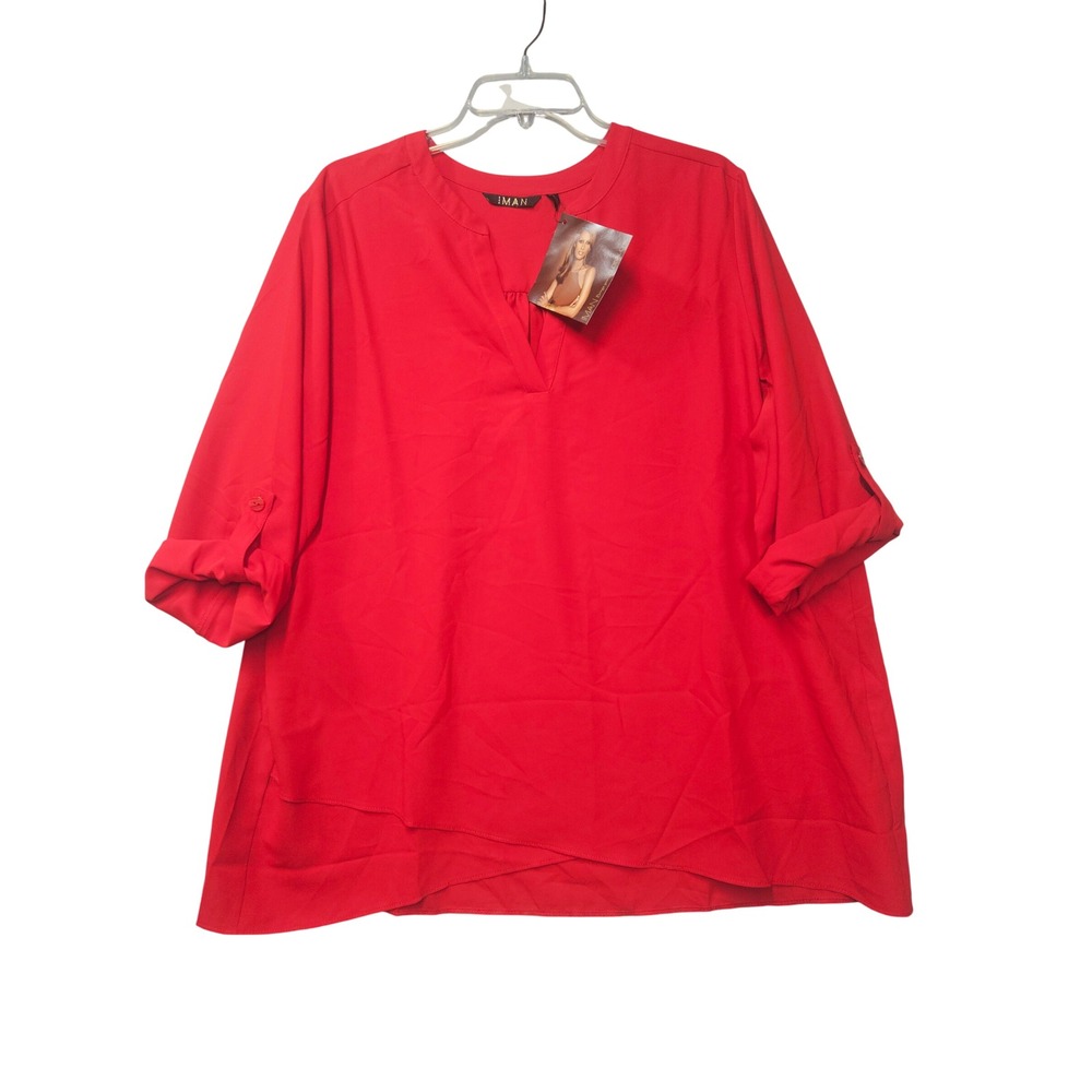 Iman Global Chic Red Roll Tab Sleeve Split Neck Crossover Hem Blouse 1X NEW